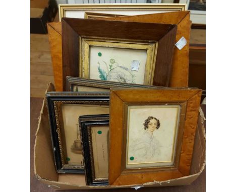 A box containing a quantity of framed small format pictures and prints including portrait miniature, etc.