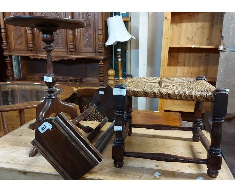 A vintage stained wood book trough - sold with a string seated stool and a reproduction wine table