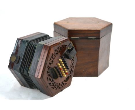 A Victorian rosewood hexagonal concertina by Lachanel & Co., London with 48 ebonised and bone buttons, in original rosewood c
