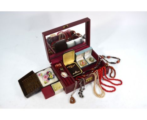 Burgundy jewel case with various vintage and costume jewellery within including cornelian bead necklace, red bead necklace, b