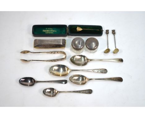 Various silver spoons, sugar tongs, pair of silver topped glass rouge-pots and a nail buffer, to/w a cased gilt metal stick p