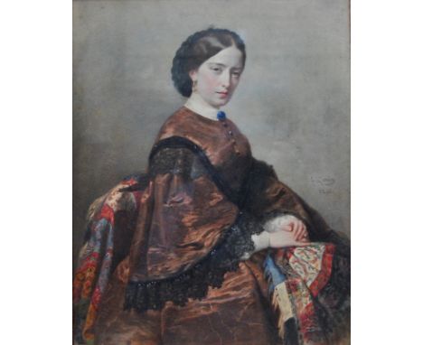 F Gonin (1808-1890) - Portrait of a Victorian lady, seated with hands clasped, watercolour, signed and dated 1861, 32 x 25 cm