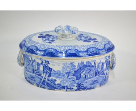 The Coysh Collection - A 19th century Leeds Pottery pearlware blue transfer printed oval box and cover decorated with 'The Wa