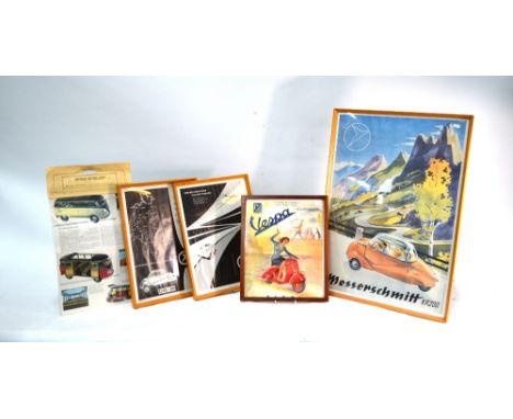 A 1950s vintage framed advertising poster for Piaggio Vespa scooters, to/w two for Messerschmitt Kleinwagen Kabinroller, a re