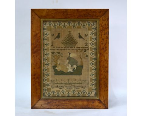 An early Victorian petit point needlework sampler, worked with Elijah and the Angel, by Anne Viney, aged 9, 1837, 42 x 30 cm,