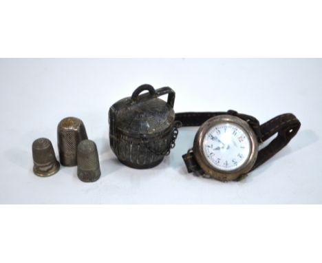 A Chinese 90 grade miniature basket and cover (mark not identified), to/w a Swiss silver wristwatch retailed by J.W. Benson a