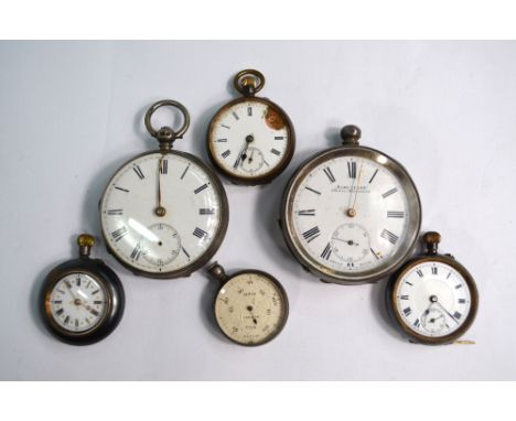 Two silver open-faced pocket watches with key-wind lever movements, to/w three gun-metal fob watches and an electroplated Maw
