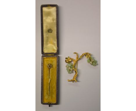 A ruby and pearl cluster stick pin, yellow gold set in leather case to/w gilt metal grape and vine brooch (2)