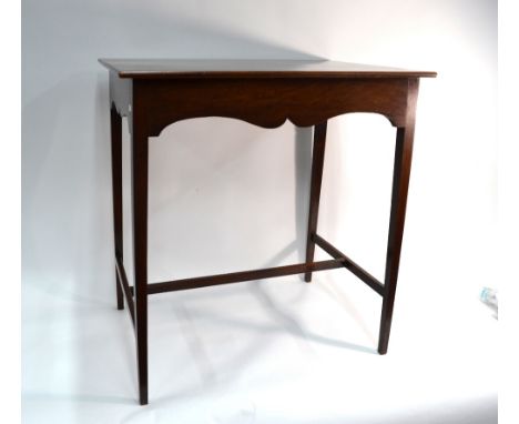 A George III mahogany table, the single piece well figured rectangular top over all round fret-cut frieze, raised on slender 