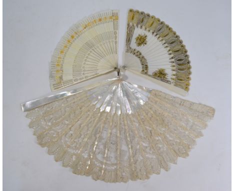 A Regency bone and ivory fan with gilded penwork floral and foliate designs and paste-jewellery hinge-pin, 17 cm to/w a seawe