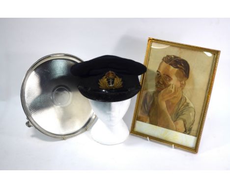 A World War 2 vintage Naval officer's peaked cap by Zeffert & Son, Portsmouth, to/w a framed watercolour portrait of a soldie