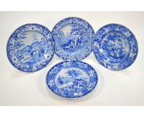 The Coysh Collection - Four 19th century pearlware blue transfer printed soup plates, comprising: Ridgway 'Osterley Park' pat