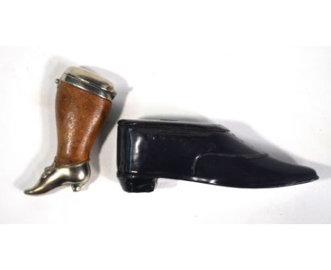 A Victorian black lacquered papier mache novelty snuff box in the form of a lady's shoe, to/w a French electroplated Belle Ep