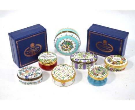 A Bilston & Battersea enamel box - National Trust 1982 and a 1980 Halcyon Days box - both boxed, to/w a Halcyon Days enamel m