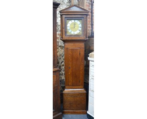 A George III oak cottage longcase clock, the 30-hour pillar movement with 10in brass dial, silvered chapter ring and single h