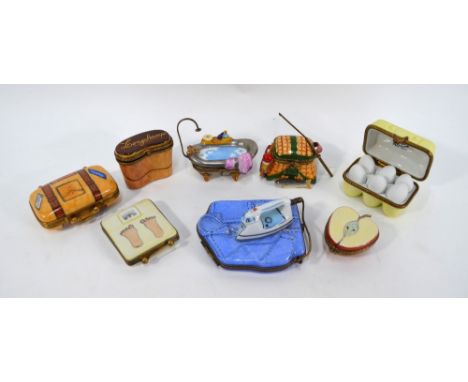 Eight various Limoges porcelain novelty patch-boxes - Blue shirt and iron, roll-top bath with shower attachment, a set of sca