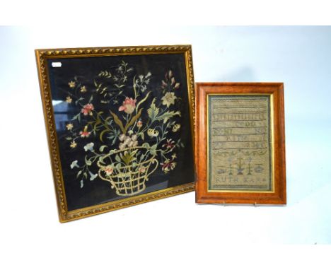 A 19th century alphabet sampler by Ruth Kay, 30 x 20 cm, in glazed maple frame, to/w a 19th century silk long-stitch embroide
