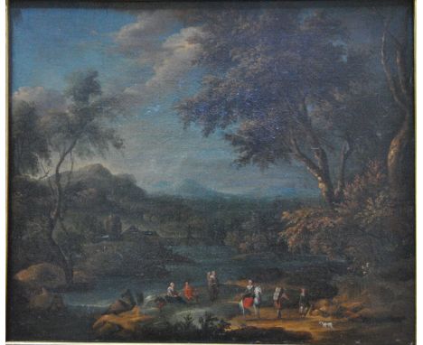 Continental school - An Italianate lake scene with figures, oil on canvas, 30 x 34 cm, stencil stock number to reverse Condit