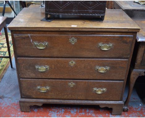An 18th century oak chest of three long graduated drawers raised on shaped bracket feet, 100 x 55 x 88 cm high Condition Repo