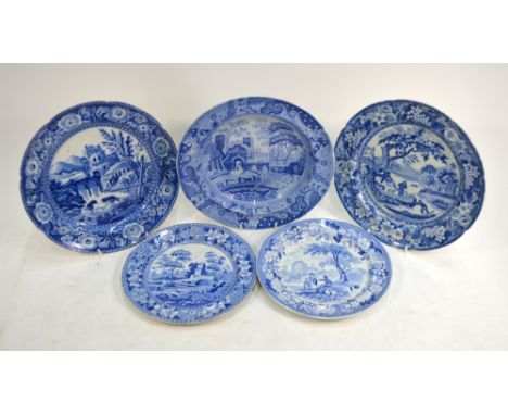 The Coysh Collection - Four 19th century blue transfer printed plates, comprising:  Two Robert Hamilton, Stoke pearlware plat