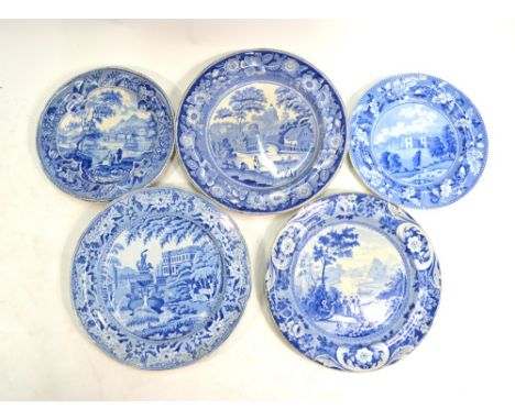 The Coysh Collection - Two 19th century blue transfer printed plates decorated with a panoramic landscape, figures and countr