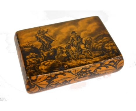 An early 19th Century Scottish sycamore snuff box, the hinged cover with penwork scene of a witch cursing a mounted gentleman