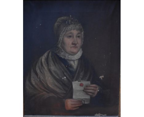 English school - Portrait of a lady in lace bonnet holding a letter, oil on canvas, 74 x 62 cm to/w Portrait of a young noble