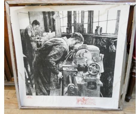 Ethel Gabain, lithograph of industrial factory workers, approximately 29" X 29"  Some water staining
