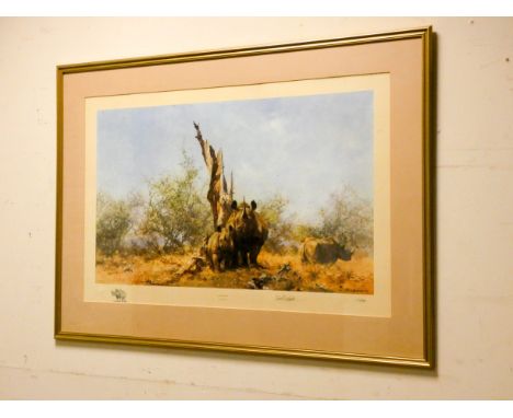 A framed signed coloured print by David Shepherd entitled 'Rhino Beware', image size approx