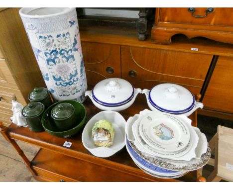 Oriental style china stick stand, tureens, plates and other china 