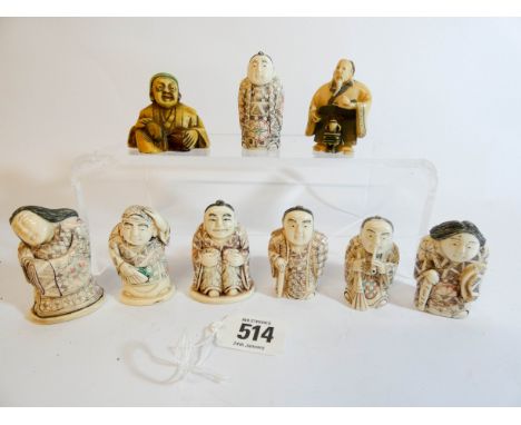 A collection of 7 modern Japanese carved bone Netsuke and two resin Netsuke
