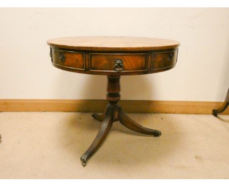 Georgian circular mahogany drum style table fitted drawers and dummy drawers on pillar and tripod base 31" diameter   Old age