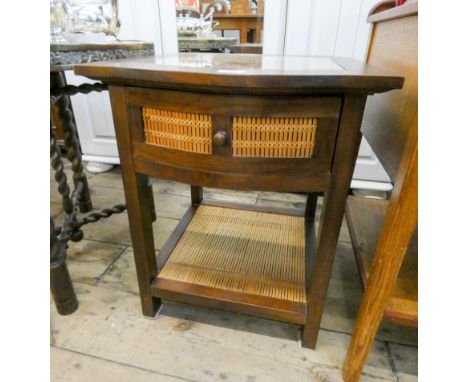 A two tier mahogany and cane panelled lamp table, fitted drawer  