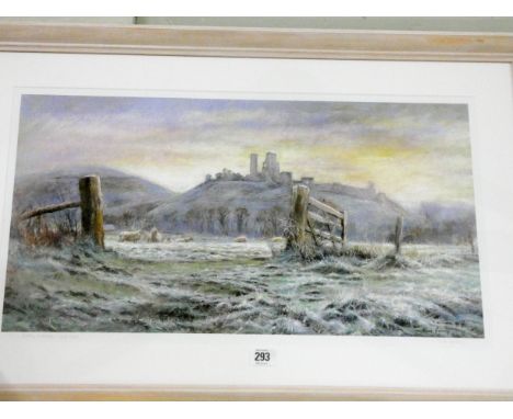 A framed coloured print 'Frosty Morning at Corfe Castle' by Clive Hannay, signed 