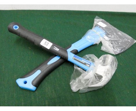 A new claw hammer and a new axe with fibre glass handle 