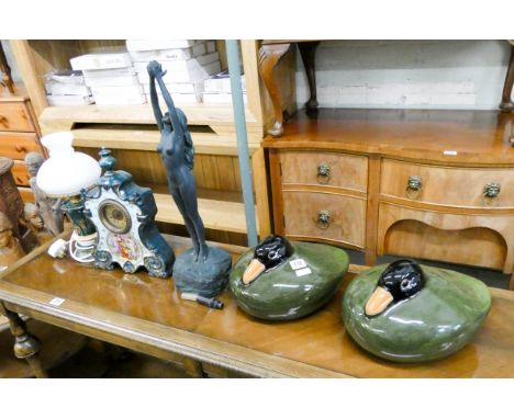 A pair of large green china duck ornaments, lady figure,decorative wall clock and an oil lamp 