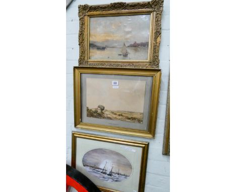 Victorian oil painting in gilt frame of sailing boats in harbour, a print of Lancing in Sussex and a watercolour of sailing b