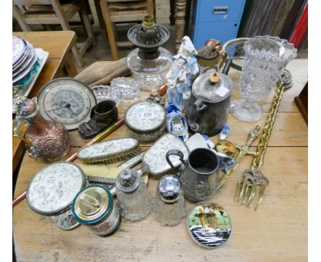 Dressing table set, brass toasting forks, copper horn, oil lamp base, plated teapot, figure ornaments etc 