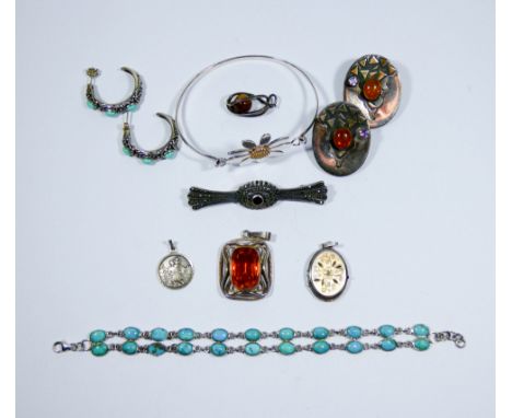 Silver daisy design bangle, turquoise set earnings, bracelet, marcasite and amber set pieces etc