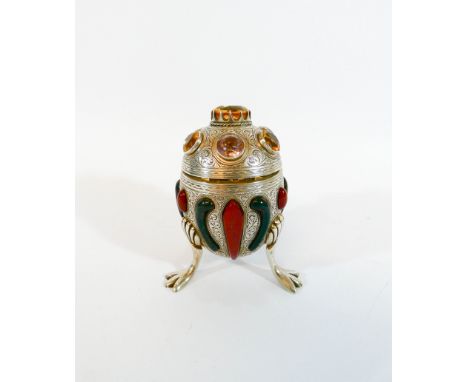 A Victorian Scottish silver gem and hardstone set egg shaped inkwell, by James Aitcheson, the domed hinged top set with a lar