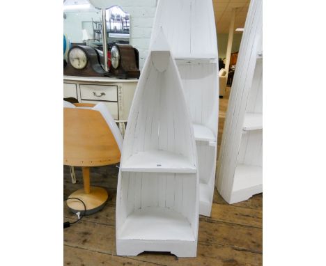 A smaller one again white painted boat shaped open bookcase or shelf unit 38" high 