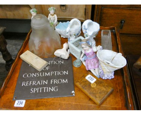Small figure ornaments, glass lamp shapes, 'No Spitting' sign etc 