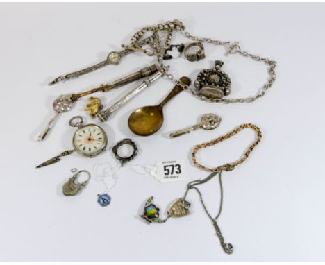 Mixed  lot of small silver to include caddy spoon, propelling pencils, jewellery, marcasite watch etc.