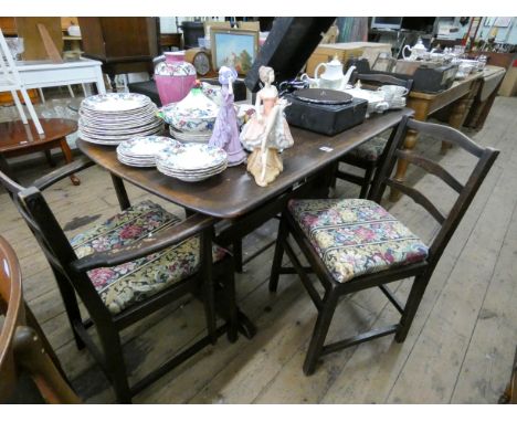 Ercol oak refectory style dining table 5' long and four oak ladder back chairs, two standards two carvers 