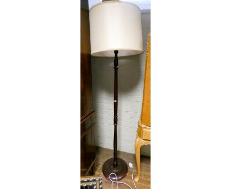Turned mahogany standard lamp with shade 