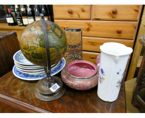 A globe, assorted plates, vases, ginger jar etc 