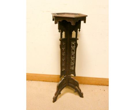 Hexagonal carved oriental plant stand on tripod base 39" tall 