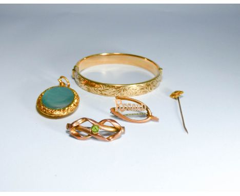 Rolled gold hinged bangle, 9ct gold wishbone regard brooch, together with a  glazed locket and stick pin etc