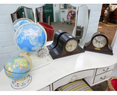 Westminster chiming mantle clock, striking clock and two globes 