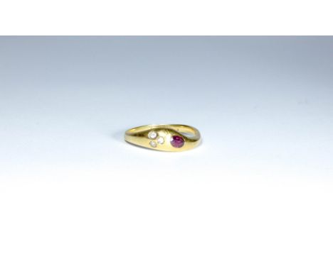 An abstract 18ct gold ring set with a ruby and three diamonds, size M 1/2, weight approximately 2.8g 